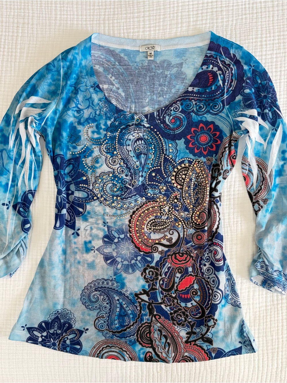 Medium Cache Y2K Blue Paisley Embellished Scoop Neck Top